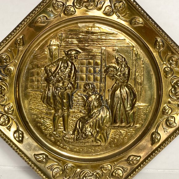 Vintage Victorian Couple Scene Brass Wall Hanging Art Plaque Elpec England Roses - Picture 3 of 11